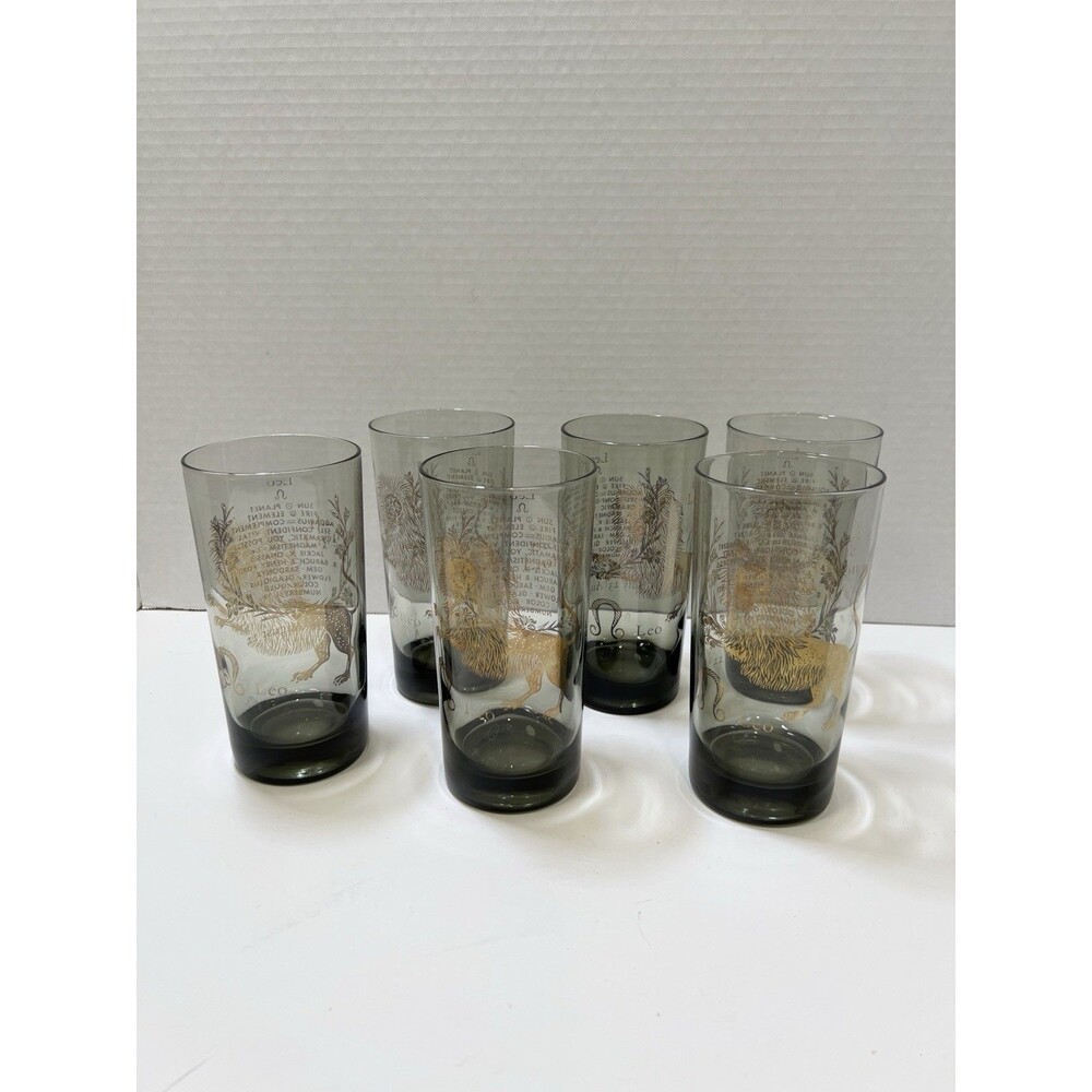 Vintage 1970’s Zodiac Astrology Leo Smoked Gray Tumbler Highball Glass EUC Gold